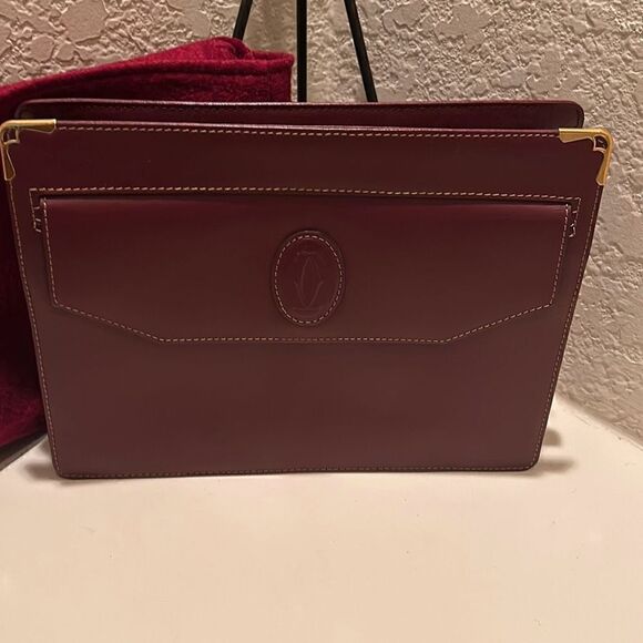 Cartier Envelope Style Clutch Bag Maroon Leather Gold Metal Corners CC Logo - Picture 2 of 13